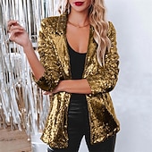 ieftine Blazere și costume-Pentru femei Jachetă cămașă Blazer Comfortabil Respirabil Sequin Modă Zilnic Simplu În aer liber Casual Zilnic Regulat Rever Fit regulat Manșon Lung Îmbrăcăminte exterioară Argintiu Negru Roșu Vin