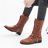 abordables Bottes de motard-Bottes de combat gothiques noires pour hommes – Chaussures de moto à lacets et tige haute avec sangles pour le punk rock, le cosplay et les soirées nocturnes