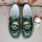 levne Boty pro muže-Pánské plátěné boty na šněrování s potiskem lebky zombie, ležérní lodičky, strašidelný halloween, párty a procházky