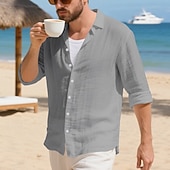preiswerte Baumwoll-Leinenhemd-Herren Hemd Leinenhemd Freizeithemd Knopfhemd Baumwollhemd Einfach Urlaub Hawaiianisch Schwarz Weiß Gelb Marineblau Langarm Revers Frühling Herbst Bekleidung
