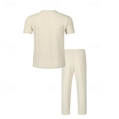 ieftine Seturi de tricouri de bază pentru bărbați-Bărbați Costume de tricou Seturi de cămașă și pantaloni tinute 2 piese Manșon scurt Crewneck Vară Primăvară Simplu Modă Casual Jacquard 2 bucăți Vacanță Purtare Zilnică Ieșire Negru Alb Kaki Top