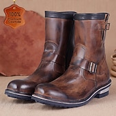 abordables Botas de cuero de primera calidad-Botas de cuero marrón de media pantorrilla para hombre: calzado retro de motociclismo de piel de vaca auténtica con correa de hebilla para estilo motero y uso informal al aire libre.