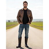 baratos Cowboy &amp; Western Boots-botas de cowboy western clássicas masculinas de couro sintético marrom - padrão em relevo, bico fino e salto médio para rodeio, rancho e uso casual