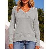 billiga Huvtröja &amp; Sweatshirt-Dam Stickad tröja Pullover tröja Ihålig Långärmad Överdelar Fritids- Höst V-hals Färgblock Mode Utomhus Resor Sport Sportkläder Sportkläder Vinrött Svart Vit