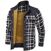 baratos Casacos &amp; Sobretudos para Homem-Homens Casaco puffer Jaqueta de Camisa Casaco de lã Jaqueta casual Férias Diário Térmico / Quente Bolsos Tosão Outono Inverno Xadrez Moda Roupa de rua Colarinho Chinês Padrão Preto Vermelho Verde