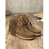 cheap Ankle Boots-Women's Brown Fringe Moccasin Ankle Bootswith Lace-Up Design for Boho Style - Perfect for Festivals and Everyday Wear