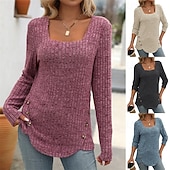 abordables Hauts Texturés-Femmes T-shirt Uni Élégant Mode Basique manche longue Col carré Hauts Réguliers Quotidien Week-end Patchwork Noir Bleu Violet Vert Blanc Ecru Printemps Automne Hiver