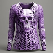 cheap Halloween T Shirt-Halloween Women&#039;s T Shirt Graphic Skull Skeleton Vintage Fashion Stylish Long Sleeve Crew Neck Round Neck Regular Tops Daily Weekend Print Red Purple Green Gray Summer Spring Fall