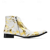 economico Stivali in pelle di alta qualità-stivali western da uomo con motivo floreale bianco e design allacciato: calzature di tendenza per uomini alla moda, perfette per feste e spettacoli