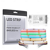baratos Faixas de Luzes LED-Tira de LED COB RGBCCT com mudança de cor, 16,4 pés, 840 LED/m, luz flexível de alta densidade, opcional RF 2.4 GHz, controle remoto sem fio Tuya, 4 zonas de controle de grupo PWM RGBCCT