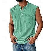 baratos Tops de ginásio-Regata masculina, camiseta sem mangas, camisa de algodão sem mangas, henley, verão, lisa, designer de moda, básica, bolsos, botões, férias, rua, saída, preta, verde claro, rosa, camiseta para homens