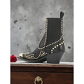 ゴールドのスタッズとメタルトゥが付いたレディースのブラックレザーウエスタンアンクルブーツ - ファッションストリートウェアやパーティーに最適なカウボーイスタイルのチャンキーヒールブーツ お買い得  チェルシーブーツ-ゴールドのスタッズとメタルトゥが付いたレディースのブラックレザーウエスタンアンクルブーツ - ファッションストリートウェアやパーティーに最適なカウボーイスタイルのチャンキーヒールブーツ