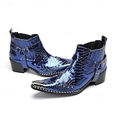 cheap Premium Leather Boots-Men's Premium Cowhide Blue Croc Pattern Leather Chelsea Boots, Stylish Harley Motorcycle Boots for Rock Concerts, Parties, Nightclub Fashion and Stage Wear