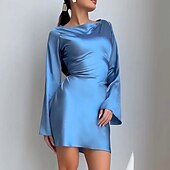 preiswerte abendkleider-Damen Minikleid Partykleid Cocktailkleid Satinkleid Elegant Modern Party Abendgesellschaft Cocktailparty Normale Passform Einfach Langarm Rundhalsausschnitt Schwarz Blau Herbst Winter