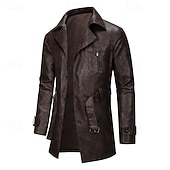 billiga Trenchcoat för män-Herr Rock Trenchcoat Lång trenchcoat Semester Dagligen Vår Höst PU Läder Vindtät Ytterkläder Kläder Mode Klassisk Slät Ficka Kavajslag Enkelknäppt