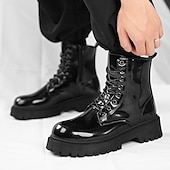 abordables Botas de combate-Botas con cordones para hombre de piel negra brillante con suela gruesa: imprescindibles para motociclistas, entusiastas del rock, estilo urbano informal y moda actual.