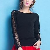 ieftine Topuri și seturi-Top de dans latino salsa cu mânecă lungă, culoare pură, pentru femei, pentru spectacole, rumba, vals