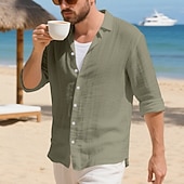 preiswerte Baumwoll-Leinenhemd-Herren Hemd Leinenhemd Freizeithemd Knopfhemd Baumwollhemd Einfach Urlaub Hawaiianisch Schwarz Weiß Gelb Marineblau Langarm Revers Frühling Herbst Bekleidung
