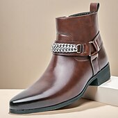 levne Dámské boty-Pánské hnědé chelsea boty z umělé kůže s řetízkovým akcentem, elegantní a moderní vzhled pro formální kancelářské oblečení, večírky a večerní vycházky.