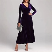 preiswerte abendkleider-Damen Midikleid Samtkleid Cocktailkleid Elegant Mode Modern Outdoor Party Party-Abendmode Normale Passform Einfach Langarm V Ausschnitt Schwarz Wein Blau Purpur Frühling Herbst