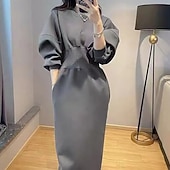 abordables Robes sweat à capuche-Femmes Robe Midi Robe à Capuche Mode Moderne Quotidien Week-end Coupe régulière Uni manche longue Col ras du cou Noir Blanche Gris Printemps Automne