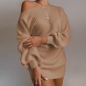 voordelige Trui Jurken-Dames Mini-jurk Trui-jurk Modieus Modern Lantaarn mouw Dagelijks Uitgaan Weekend Normale pasvorm Effen Lange mouw Schouderafhangend Zwart Wit Blozend Roze blauw Lente Herfst