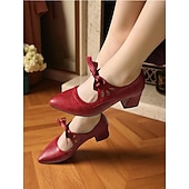  リボン付き1950年代風のブラックメリージェーンヒール。レトロなカットアウトのチャンキーヒールパンプス。デイリーヴィンテージウェアやスイングダンスに最適です。