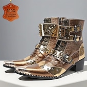 abordables Bottes en cuir haut de gamme-Bottines rétro punk pour homme – en cuir de vachette véritable marron avec rivets et brides à boucle, style rock gothique pour concerts, discothèques et mode moto