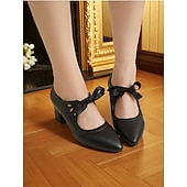  リボン付き1950年代風のブラックメリージェーンヒール。レトロなカットアウトのチャンキーヒールパンプス。デイリーヴィンテージウェアやスイングダンスに最適です。