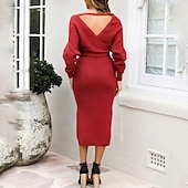 levne Svetrové šaty-Dámské Midi šaty Svetrové šaty Pletené šaty Elegantní Módní Moderní Netopýří rukávy Dovolená Denní Jdeme ven Běžný Bez vzoru Dlouhý rukáv Do V Černá Rubínově červená Khaki Šedá Podzim Zima