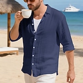 preiswerte Baumwoll-Leinenhemd-Herren Hemd Leinenhemd Freizeithemd Knopfhemd Baumwollhemd Einfach Urlaub Hawaiianisch Schwarz Weiß Gelb Marineblau Langarm Revers Frühling Herbst Bekleidung
