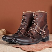 abordables Bottes en cuir haut de gamme-Bottes de motard rétro en cuir marron pour homme – Bottes de moto montantes faites à la main avec des accents de boucle pour le punk, le gothique et le streetwear décontracté
