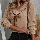 preiswerte Einfarbige Farben-Damen Pullover Mode Weich Einfarbig Gerippt V Ausschnitt Gestrickt Langarm Normale Oberteile Stricken Täglich Ferien Ausgehen Khaki Herbst Winter