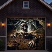  Halloween Garage Door Cover Skull Coffin and Spider Web Banner Haunted House Horror Scene Spooky Backdrop Tapestry for Outdoor Wall Fence Yard Halloween Party Decoration