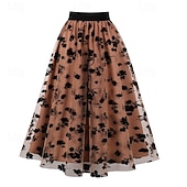 billiga Halloween Bottoms-Dam Kjol Gunga Mode Ledigt Maxi Mellanhög midja Kjolar Blommig Sparkle Tulle Microelastisk Semester Halloween Röd Orange Kaki Vår Polyester