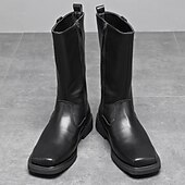 levne Jezdecké boty-Pánské černé pracovní jezdecké boty z umělé kůže – odolné kovbojské boty do poloviny lýtek s pevnou podrážkou pro outdoor, farmářské aktivity a každodenní nošení