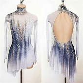 Figure Skating Dress Women's Girls' Ice Skating Dress Blue White Patchwork Open Back Mesh Spandex High Elasticity Training Competition Skating Wear Classic Crystal / Rhinestone Long Sleeve Ice3