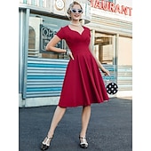 abordables Dresses-1950s Retro Vintage Midi Dress Swing Dress Flare Dress Solid Color Fit &amp; Flare V Neck Fancy Dress Women's Halloween Carnival Valentine's Day Casual Homecoming Retro Theme Party Adults' Dress Spring