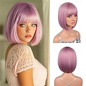 tanie Peruki imprezowe-12-calowa krótka peruka typu bob w kolorze różowo-fioletowym z grzywką, kolorowa peruka na Halloween, codzienny cosplay &amp;Peruki imprezowe odporne na ciepło, proste, syntetyczne, cosplay,