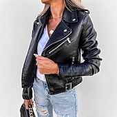 economico Giacche in finta pelle-Per donna Giacca in Ecopelle Giacca da Biker Caldo Confortevole Cerniera Bottoni Casual Tinta unica Vacanza Streetwear Casuale Abbigliamento quotidiano Corto Collo ripiegato Vestibilità regolare