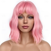 economico Parrucche da festa-parrucche bob con frangia per donne parrucca ondulata sciolta parrucca bob ondulata pastello lunga fino alle spalle parrucca cosplay sintetica per ragazze parrucche colorate per costumi
