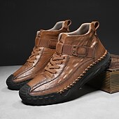 baratos Botas de cano curto-Botas masculinas de couro sintético genuíno marrom para caminhadas ao ar livre com sola antiderrapante – calçado casual para viagem e aventura