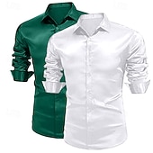 abordables Chemises en satin pour hommes-Homme Chemise Comme de la soie Chemise en satin Chemise habillée Chemise Décontractée Chemise Boutonnée Uni Formel Mariage Blanc + Vert Vert + rouge Noir + blanc Blanc + Bleu manche longue Revers
