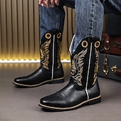 levne Cowboy &amp; Western Boots-Pánské kovbojské boty z vyšívané imitace kůže – klasické westernové jezdecké boty s prošívaným designem pro outdoor, country tanec a běžné nošení