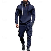 abordables Survêtements de base-Homme Ensemble Survetement Ensemble de tenues Ensemble de sweats à capuche Sweat à Capuche Extérieur Quotidien Sports Cordon de serrage Avec Poches Uni Rouge vin Noir Blanche Polyester Tenues de Sport