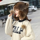 お買い得  暖房と冷房-冬用のかわいいアライグマのぬいぐるみ帽子、耳あて付きの暖かいトラッパーハット、子供と大人用のフェイクアライグマの毛皮のウシャンカアビエイターハット