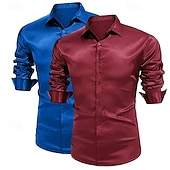 abordables Chemises en satin pour hommes-Homme Chemise Comme de la soie Chemise en satin Chemise habillée Chemise Décontractée Chemise Boutonnée Uni Formel Mariage Blanc + Vert Vert + rouge Noir + blanc Blanc + Bleu manche longue Revers