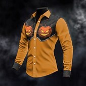 Halloween Men's Lantern Face Shirt Summer Shirt Beach Shirt Long Sleeve Casual Horror Dark Vacation Street Holiday Spring &  Fall Lapel Print Orange Green4