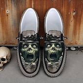 levne Boty pro muže-Pánské plátěné boty na šněrování s potiskem lebky zombie, ležérní lodičky, strašidelný halloween, párty a procházky