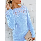 baratos Cores Sólidas-Mulheres Suéter Elegante Casual Macia Cor imaculada Estriado Gola Redonda Renda Patchwork Tricotado Manga Longa Tops regulares Tricotar Ao ar livre Diário Final de semana Preto Rosa Outono Inverno